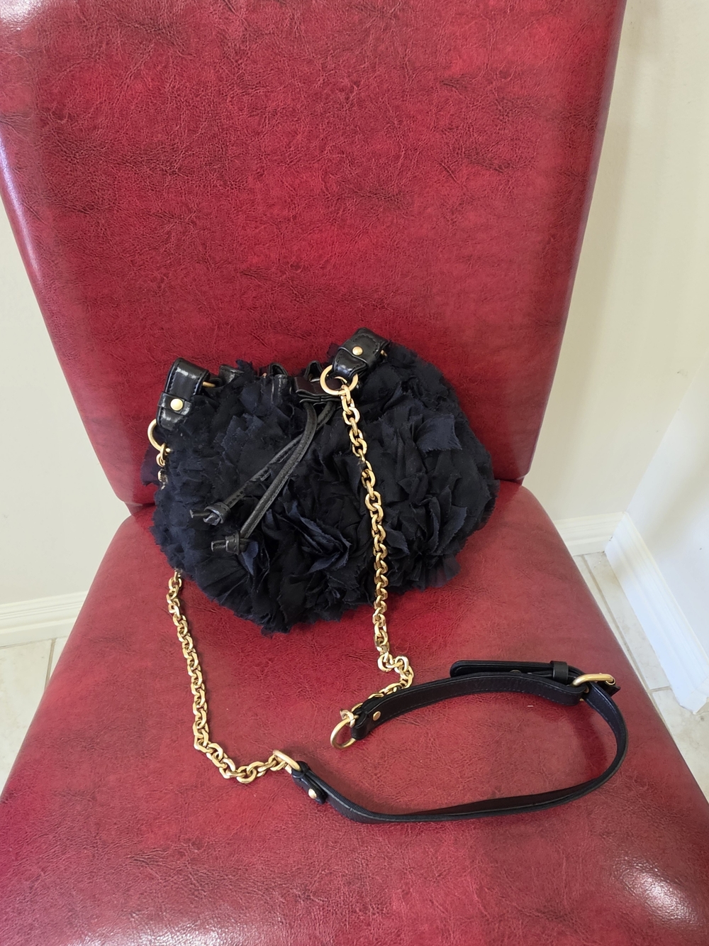 Juicy Couture- Black Floral Ruffle Crossbody Bag with Gold Chain